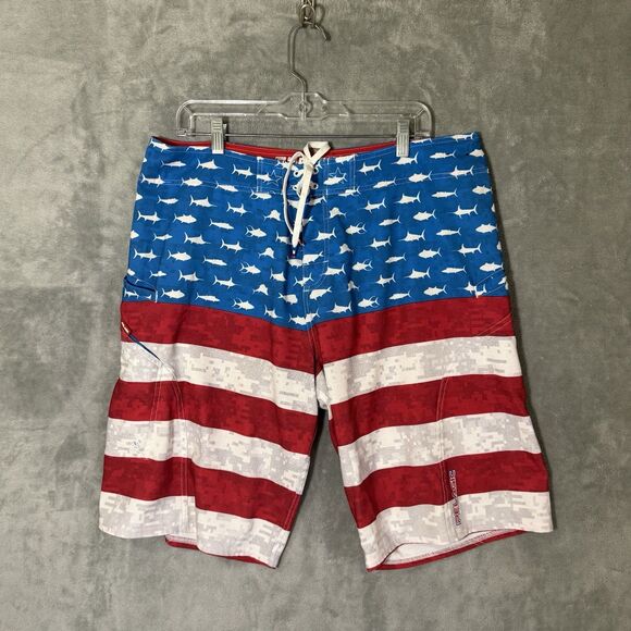 Pelagic Shorts 36 Stretch Board Swim Trunks Fishing USA Flag Sharkskin Print